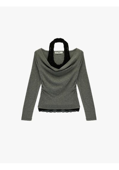 Koton Halter Yaka Dantel Detaylı Slim Fit Uzun Kollu Tişört Antrasit 6sal10365ık