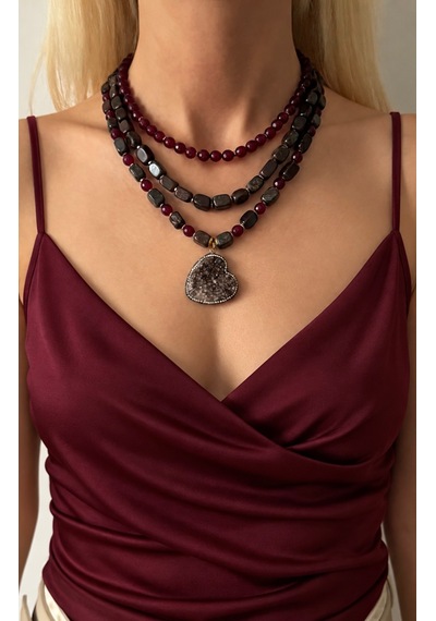 El Yapımı Granat, Jasper & Ametist Doğal Taşlı Kolye Seti Bordo