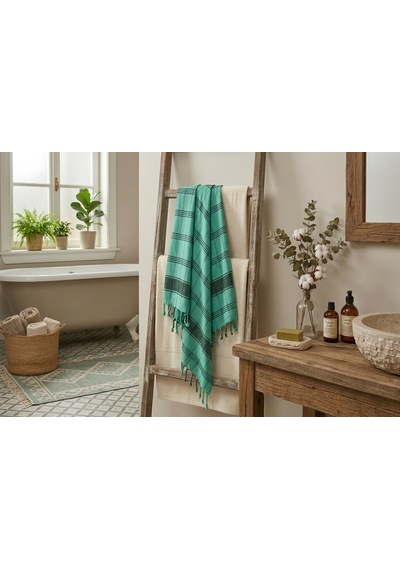 Ludıa Otantik Püsküllü %100 Pamuklu Büyük Boy Yeşil Siyah Çizgili Peştemal Havlu 78x195 Cm Yeşil - Siyah