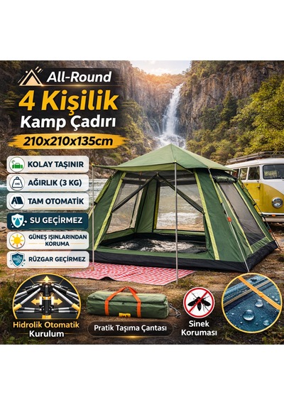 4 Kişilik Otomatik Kamp Çadırı 210x210x135 Cm Su Geçirmez Tenteli Çadır + Kamp Lambası Koyu Yeşil