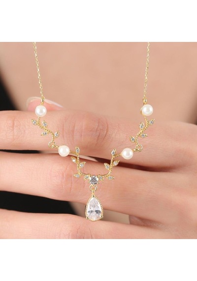 Mia vento Pırlanta Montür İnci Baharı Gold Renk Flowers Gümüş Kolye