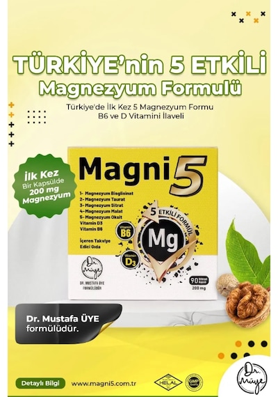 Magnezyum 5 Etkili Form 3 Aylık 90 Kapsül B6 D3 Vitamini Magni5 Bisglisinat Malat Taurat Sitrat Oksit 2'li