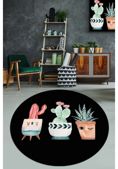 Happy Cactus Djt Siyah Çap 140X140 Cm Yıkanablir Halı
