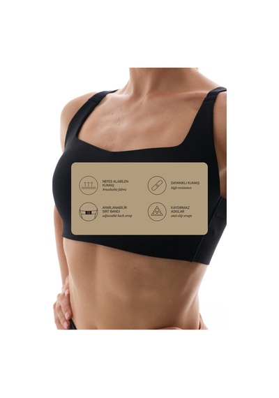 Penti Siyah Stretch360  Orta Destek Çapraz Sırt Detaylı Kaydırmaz Askılı Cross Back Spor Sütyeni