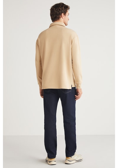 Grımelange JOHN Erkek Polo Sweat Gömlek Yakalı Arkası Uzun Yırtmaçlı Diagonel Kumaşlı Bej Sweatshirt