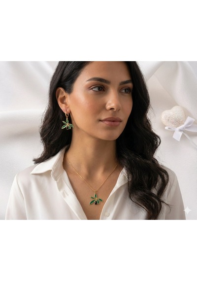 925 Ayar Onix Taşlı Zeytin Küpe Kolye Set.rose.gold.rodaj Zeytin Gümüş