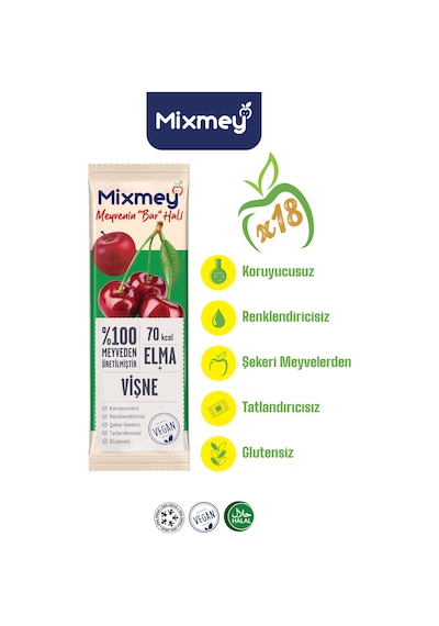 Vişne Meyve Barı 18 Adet Atıştırmalıklar Vegan, Glutensiz, Koruyucusuz 20gr X 18 Adet