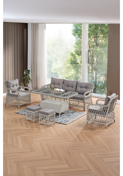 Edra Rattan Puflu Bahçe Balkon Takımı 3+1+1+camı Masa Kemik Rengi Kemik