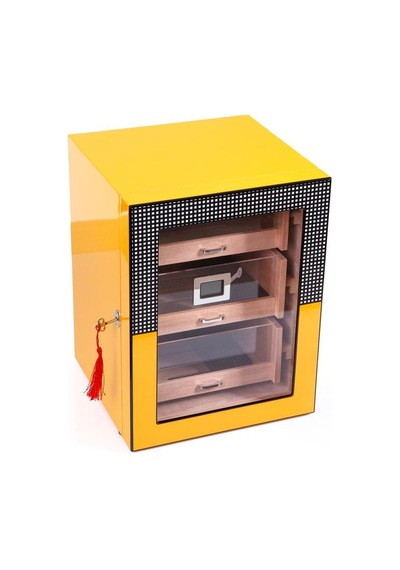 Cohiba Sarı Cohiba Desenli 4 Çekmeceli Sedir Humidor Puro Kutusu