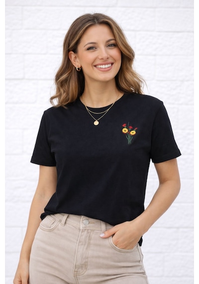 Yubistitch Tshirt Nakış İşlemeli 3d Çiçek-kalın- Siyah
