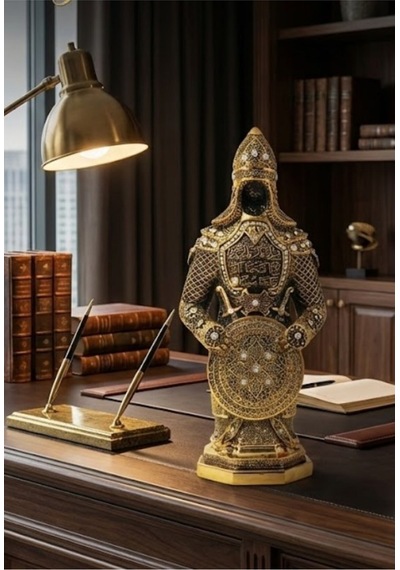 Taş İşlemeli Gold Biblo Allah & Muhammed S.a.v Zırhlı Cevşen Ayetli Asker Figürlü Taşlı Biblo 23cm Polyester