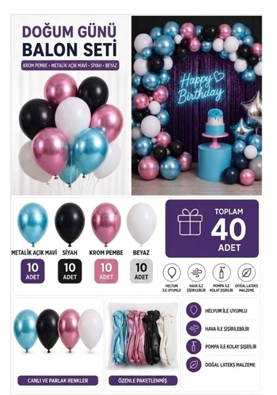40 Parça Özel Günler İçin Balon Seti Çok  Renkli