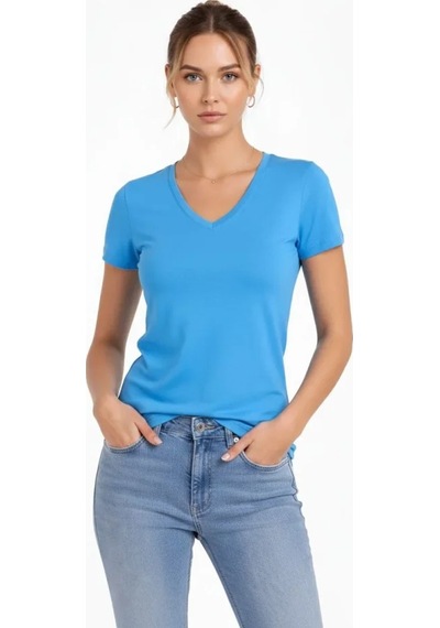Etiler Collection T-shirt V Yaka Slim Fit Likralı Tişört Günlük Basic Body - Açık Mavi