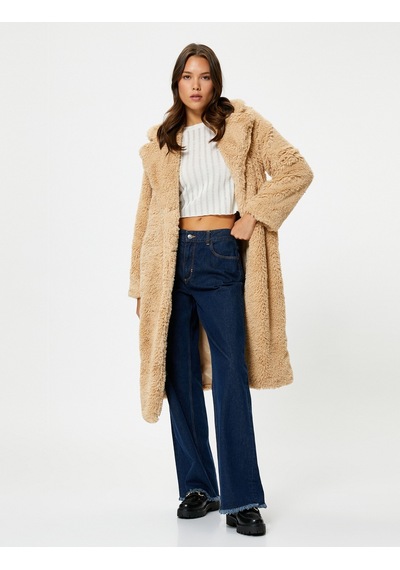 Koton Oversize Peluş Kaban Uzun Cep Detaylı Düğmeli Bej 4wak00169ew 4WAK00169EW050 Ekru