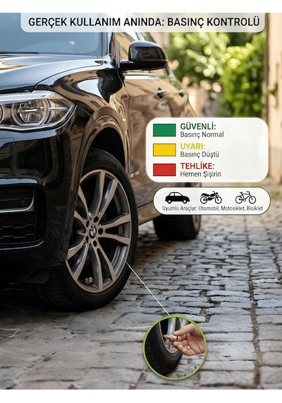 Beylini 4'lü Lastik Basınç Ölçerli Sibop Bisiklet Araba Motosiklet Tekerlek Hava Ölçer 2.4 Bar 35 Psı Set