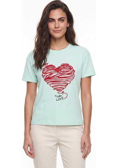 Onloox Kadın Mint Yeşili Mint Yeşili Pamuklu Bisiklet Yaka Kısa Kollu Kalp Nakışlı Regular Fit Örme T-shirt