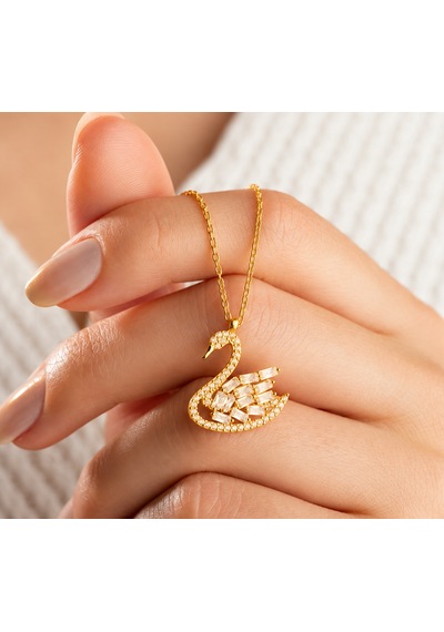 Gümüş Gold Baget Taşlı Kuğu Kadın Kolye Gri
