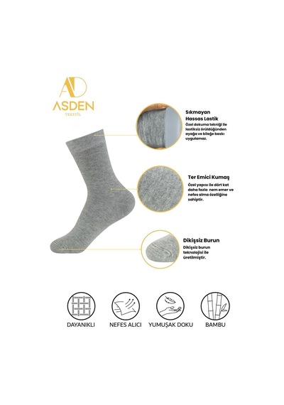 Asden Bambu Erkek Beyaz Soket Çorap 12'li Paket, Burun Dikişsiz, Yıkamalı 4 Gri