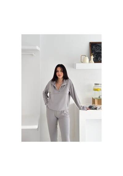 Gugus Kadın Yarım Fermuarlı Model Beli Lastikli Dar Paça Eşofman Takımı Gri