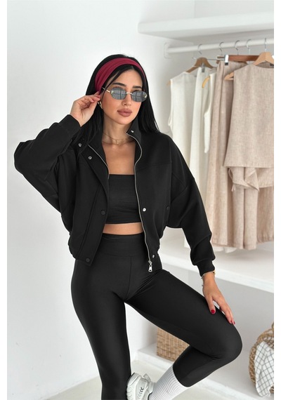 Femelle Kadın Siyah Fermuarlı Düğmeli Modal Kumaş Premium Crop Ceket