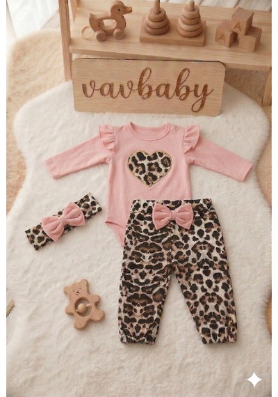 Kız Bebek Leopar Desenli Çıtçıt Zıbın Model Kalp Figürlü Bandanalı 3 Lü Takımı Pembe