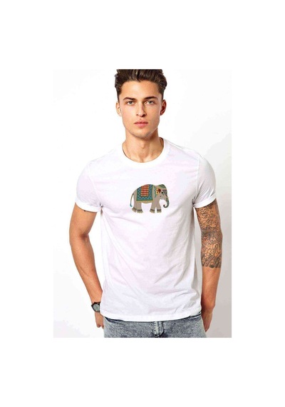 Gri Ve Renkli Fil Sanat Hintli Baskılı Beyaz Erkek Tshirt
