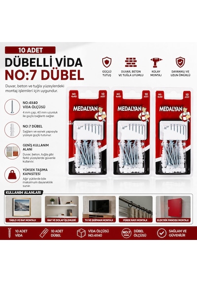 Medalyan Dl-34 Dübelli Vida - 4x40 Mm 10 Adet- 12'li Paket