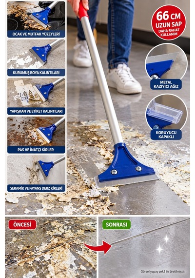 Uzun Saplı Yüzey Kazıyıcı Metal Bıçaklı Alüminyum Gövdeli Koruyucu Kapaklı Temizlik Aparatı 66 Cm