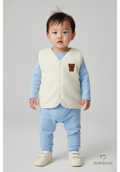 Babyden's Welsoft Erkek Bebek Çocuk Çıtçıtlı Yelek Ayıcık Armalı, Yumuşak Peluş Bebek Yeleği Ekru