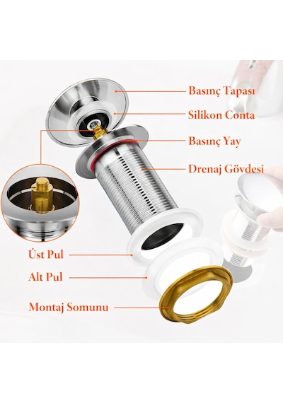 Lavabo Pop-up Gider Süzgeci Paslanmaz Çelik & Pirinç Gövde, Gider Borusu Dahil Set Metalik