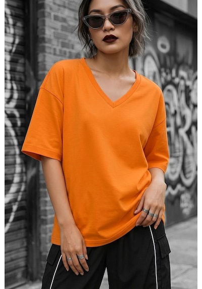 Zey Oversize V Yaka Basic Kadın Tişört - Düşük Omuzlu Salaş Kesim Turuncu