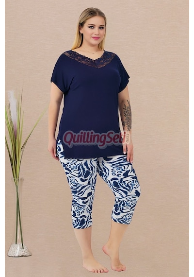 Lady Lacivert Beyaz Renk, Çiçek Desenli 10734 Pamuklu Büyük Beden Tayt Ve Kapri Anne Pijama Takımı - 2xl Lacivert - Beyaz