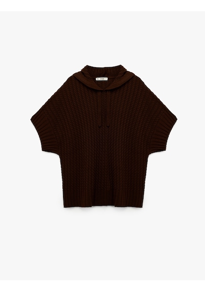 Koton Kapüşonlu Saç Örgüsü Detaylı Kısa Kollu Triko Oversize Panço Kahverengi 6wal90181ht Kahve