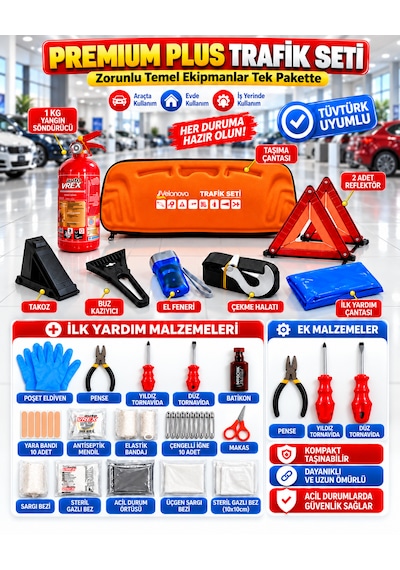Premium Trafik Ve İlk Yardım Seti Tüvtürk Muayene Uyumlu Ce Belgeli Abc 1kg Yangın Söndürücü Ve E Belgeli Reflektör-turuncu