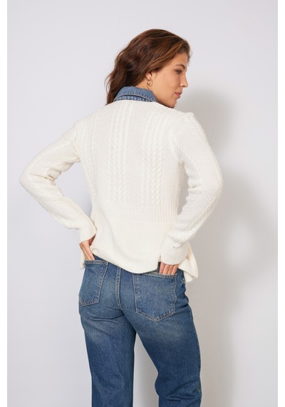 Denim Yaka Detaylı Peplum Triko Kazak Ekru