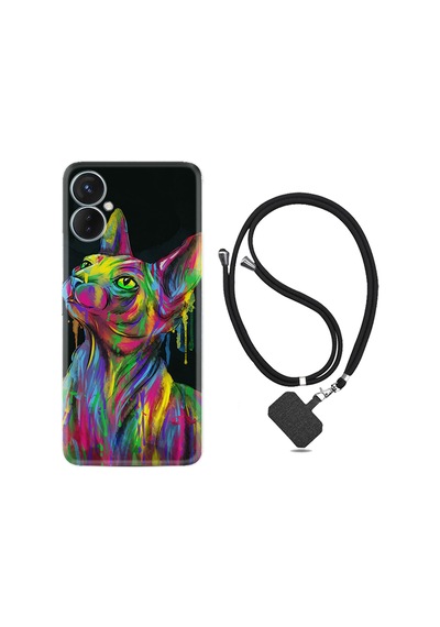 Tecno Spark 9T Kılıf İpli Boyun Askılı Desenli Silikon Color Cat 1754
