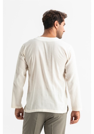 Uzun Kol Şile Bezi Bisiklet Yaka Etnik Erkek T-Shirt Krem Krm Krem