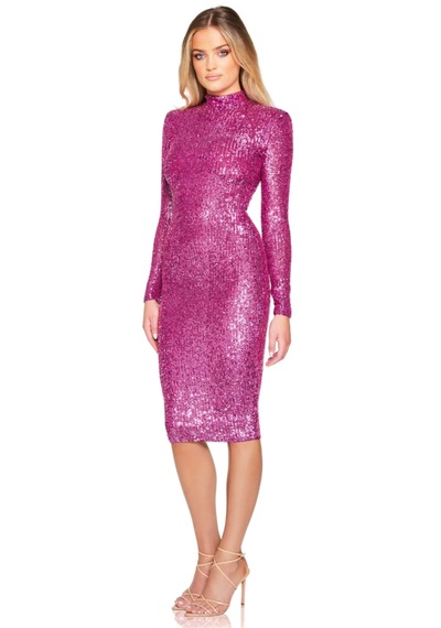 Hanife Glam Couture Balıkçı Yaka Uzun Kollu Midi Elbise Pembe