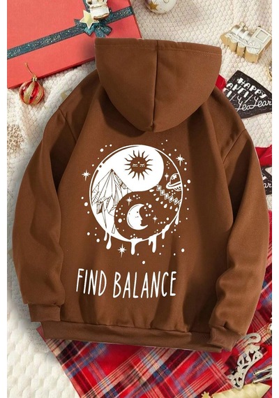 Uyguntarz Unisex Cartoon Face Siyah Beyaz Hoodie Kahverengi