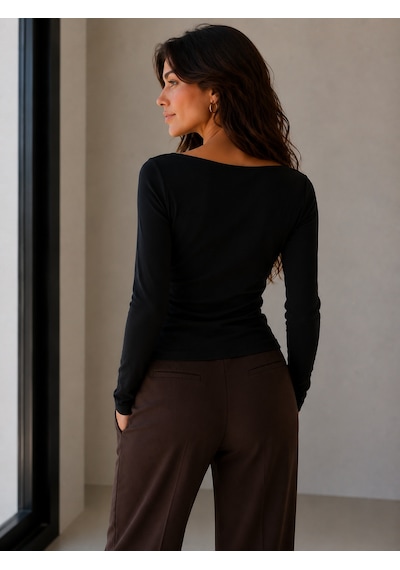 Sortie Collection Kayık Yaka Uzun Kollu Fit Bluz Siyah