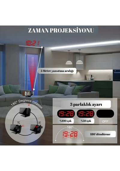 Led Dijital Projeksiyonlu Saat Masaüstü-usb'li Fm Radyolu-4 Parlaklık Mod Siyah
