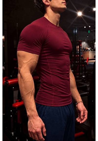 Genius Store Erkek Dalgıç Kumaş Compression Spor Tişört Muscle Body Fit Gym Antrenman T-shirt Compression-t-shirt Bordo