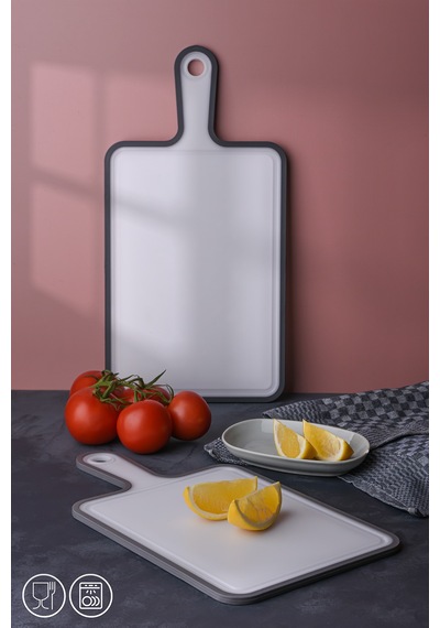 2 Li Kaydırmaz Kesme Tahtası Kulplu Kesim Panosu 1x 30x21 Cm 24,5x19,5 Cm Gri