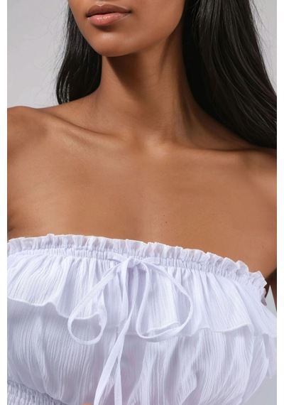 Hiccup Fırfırlı Ve Dokulu Bandeau Top Beyaz