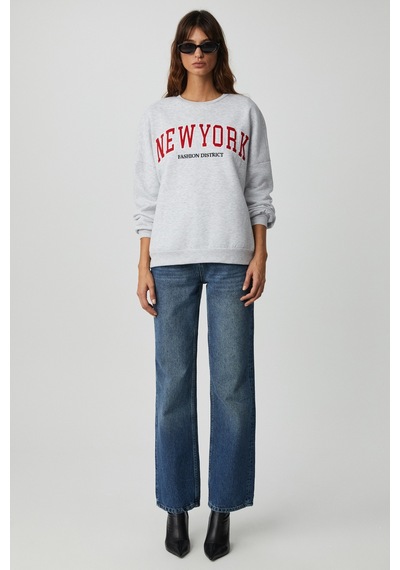 Ethıquet JORDIN Kadın Uzun Kollu Yuvarlak Yaka Önü Aplike Nakışlı Düşük Omuz Oversize Grimelanj Sweatshirt