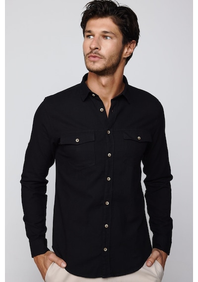 Tudors Slim Fit Uzun Kol Çift Cep Pamuk Keten Spor Yaka Siyah Erkek Gömlek-28838-siyah Siyah