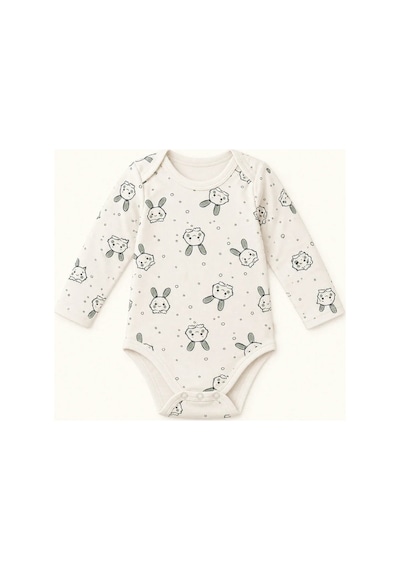 Cantaz Unisex Bebek Tavşan Desenli Uzun Kollu Çıtçıtlı Body Zıbın Krem