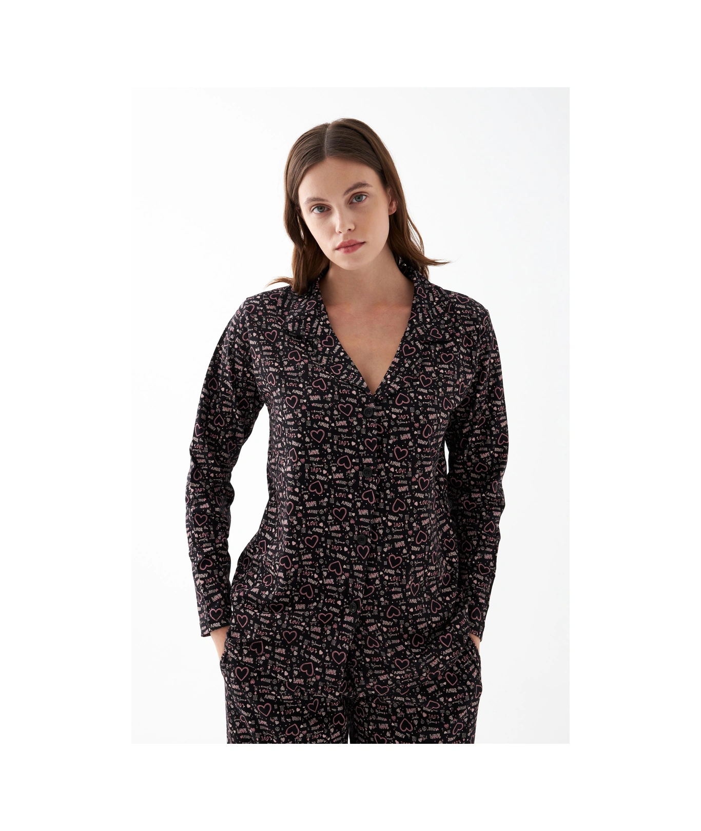 Akbeniz Kadın Siyah Düğmeli Kalp Desenli Pamuklu Pijama Takımı Siyah