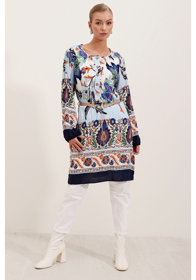 Bigdart 5902 Kemerli Desenli Elbise - Lacivert 001