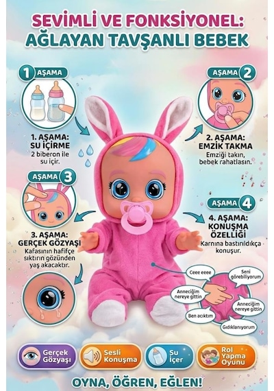 TıfılToys Fuşya Kostümlü Ağlayan Ve Konuşan Et Bebek Emzikli Ve Biberonlu İnteraktif Oyuncak Bebek